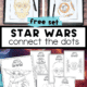 Examples of free printable Star Wars connect the dots pages featuring Yoda, C-3PO, BB-8, TIE Fighter, Storm Trooper, Darth Vader.