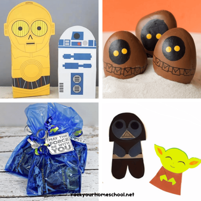 Four examples of Star Wars party favor ideas with paper C-3PO and R2-D2, Jawa painted rocks, May the Force Be with You party bag tags, and Darth Vader and Yoga cards.