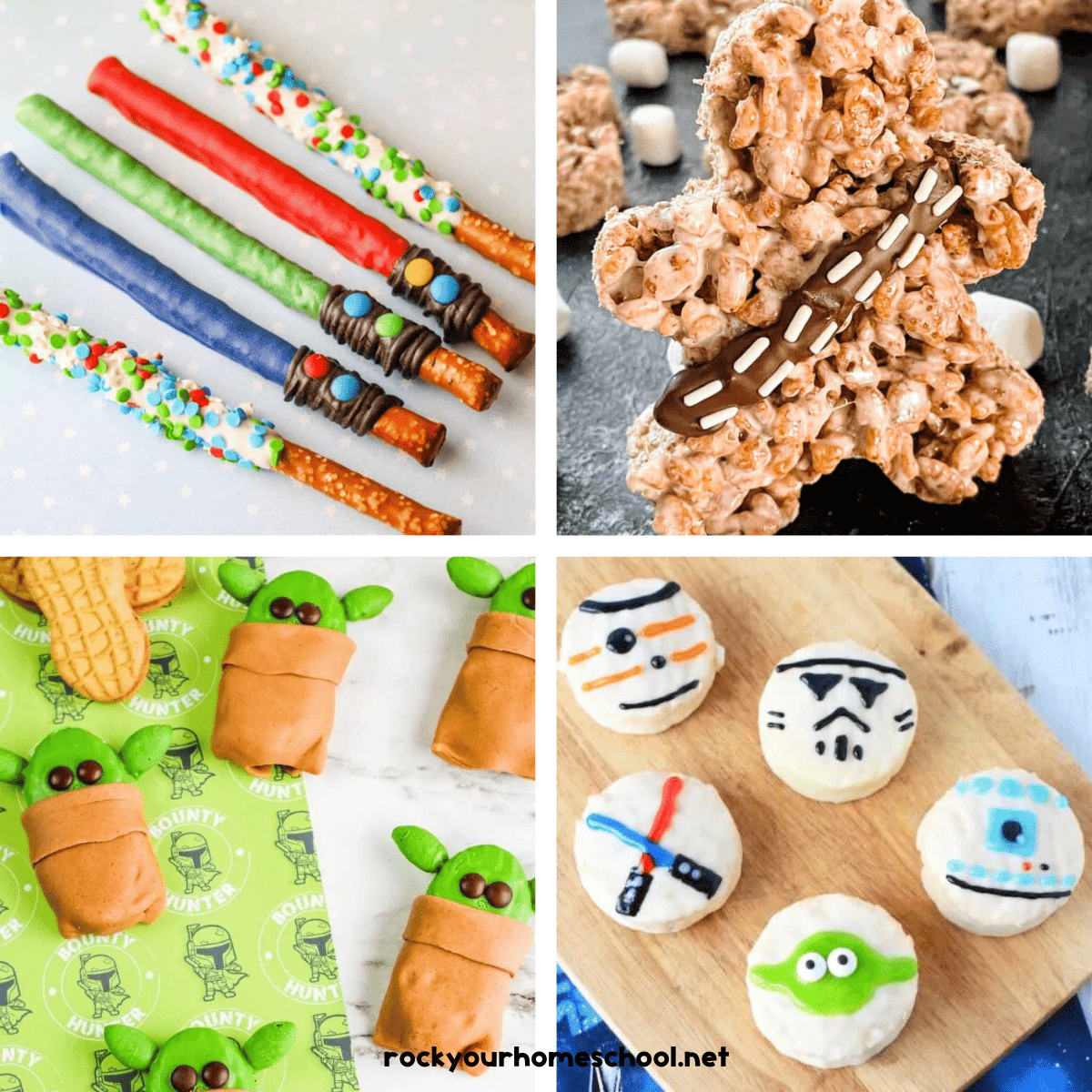 Four examples of Star Wars treats featuring pretzel rod light sabers, Wookiee cookies, Yoda cookies, and variety of cupcakes.
