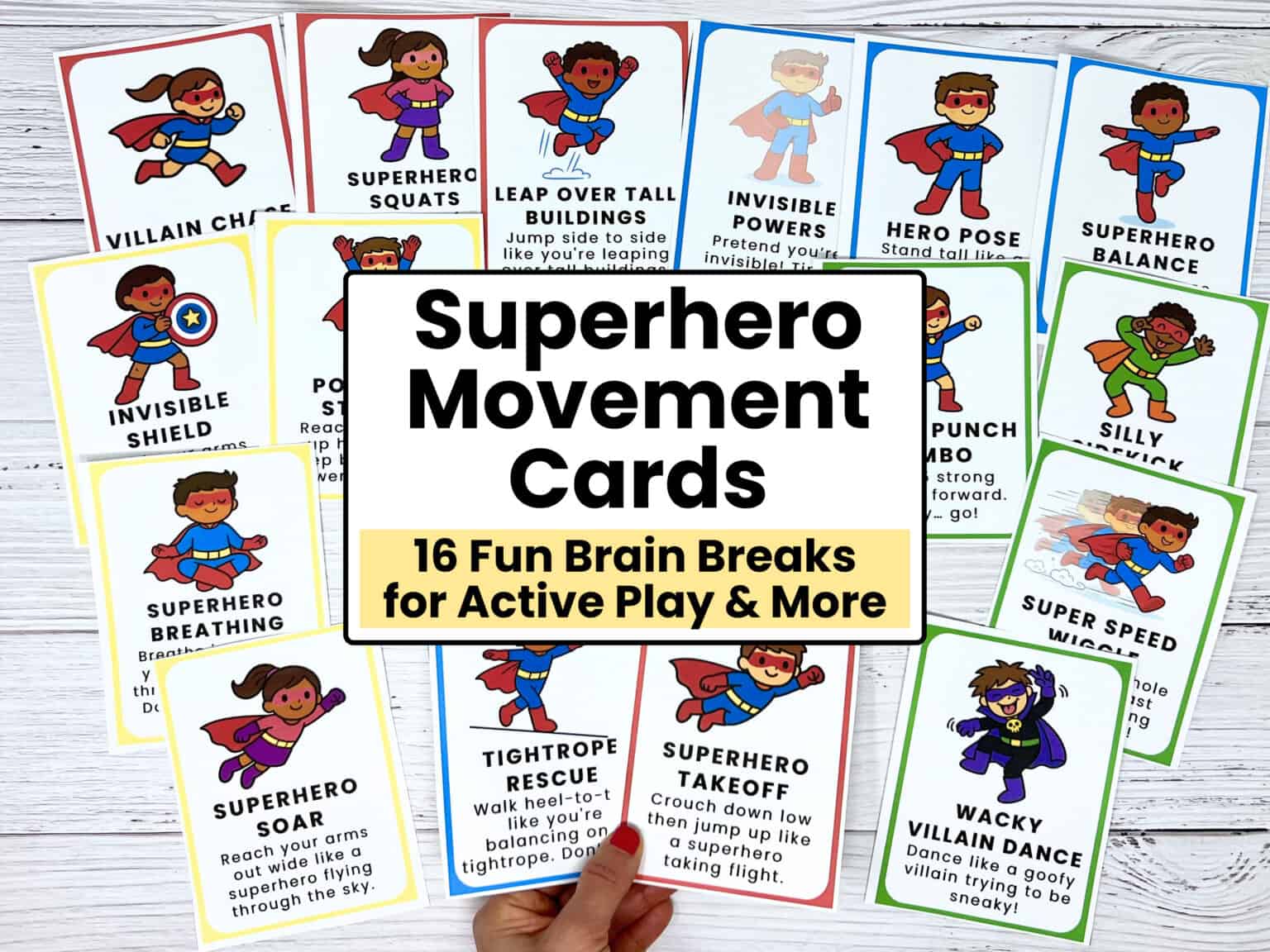 16 printable superhero-themed movement cards for kids.