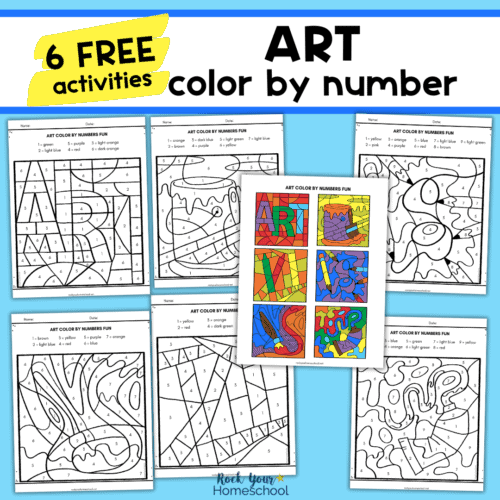 Examples of free printable art color by number pages with color answer key.