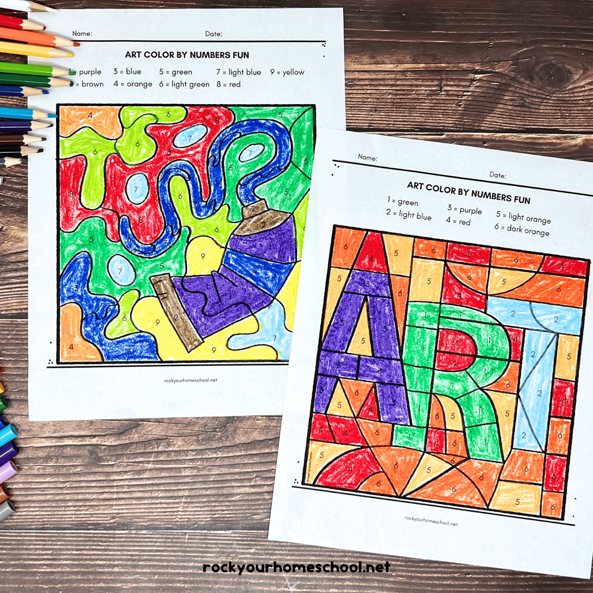 Two examples of art color by number printable pages featuring paint tube and the word "ART".