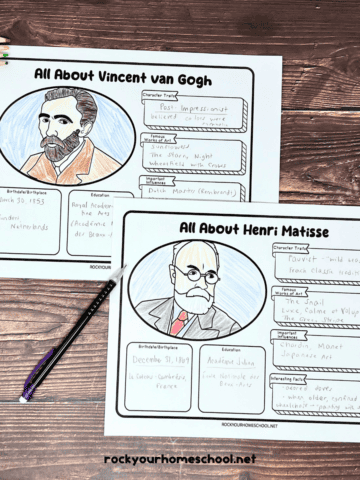 Two examples of free printable artists worksheets featuring Vincent van Gogh and Henri Matisse.