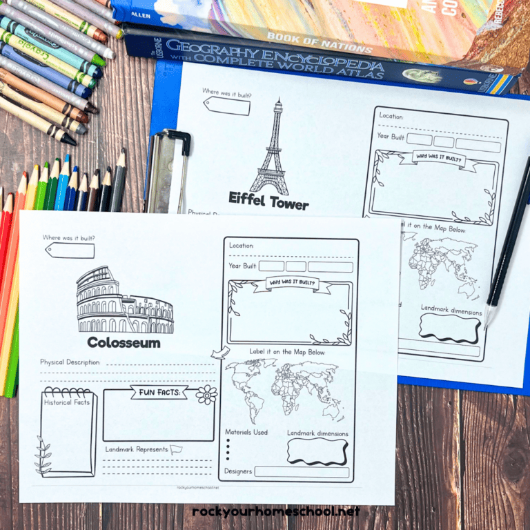 Two examples of free famous landmarks printable worksheets for world geography fun.
