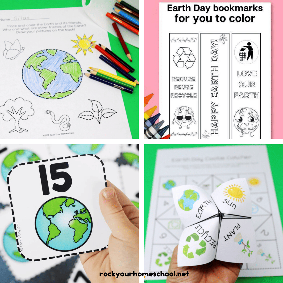 Four examples of free Earth Day printables with tracing pages, coloring bookmarks, number cards, and cootie catcher.