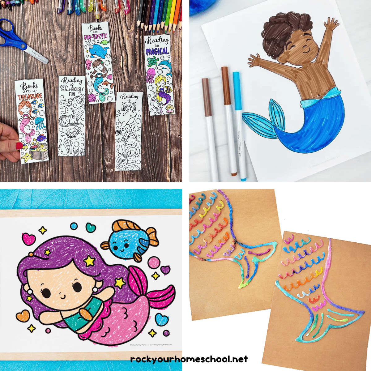 Four free mermaid printables for kids including bookmarks, coloring pages, and painting templates.