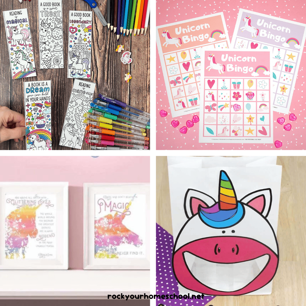 Four examples of free unicorn printables for kids with coloring bookmarks, bingo game, wall art, and letter sorting activity.