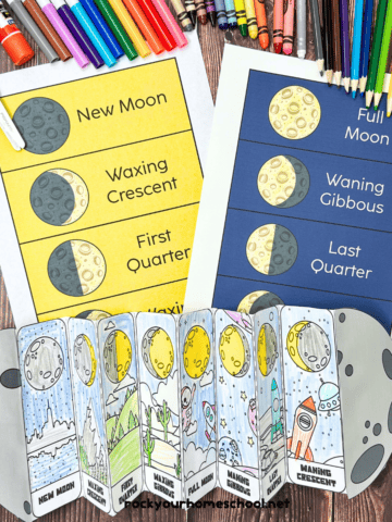 Examples of free printable moon phases foldable activity with scissors, markers, crayons, and color pencils.