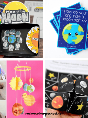 Four example of solar system printables like phases of the moon diormama, outer space joke cards, 3D planet mobile, and solar system cootie catcher.