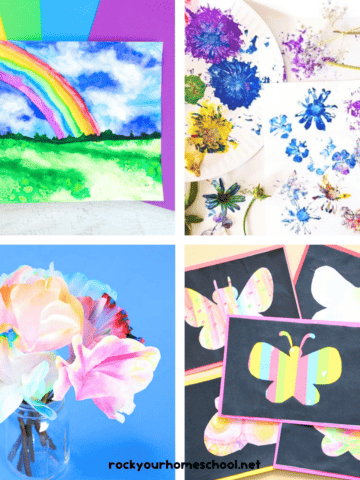 Four easy spring art ideas for kids with watercolor rainbow, flower painting, flower chromatography, and butterfly silhouettes.