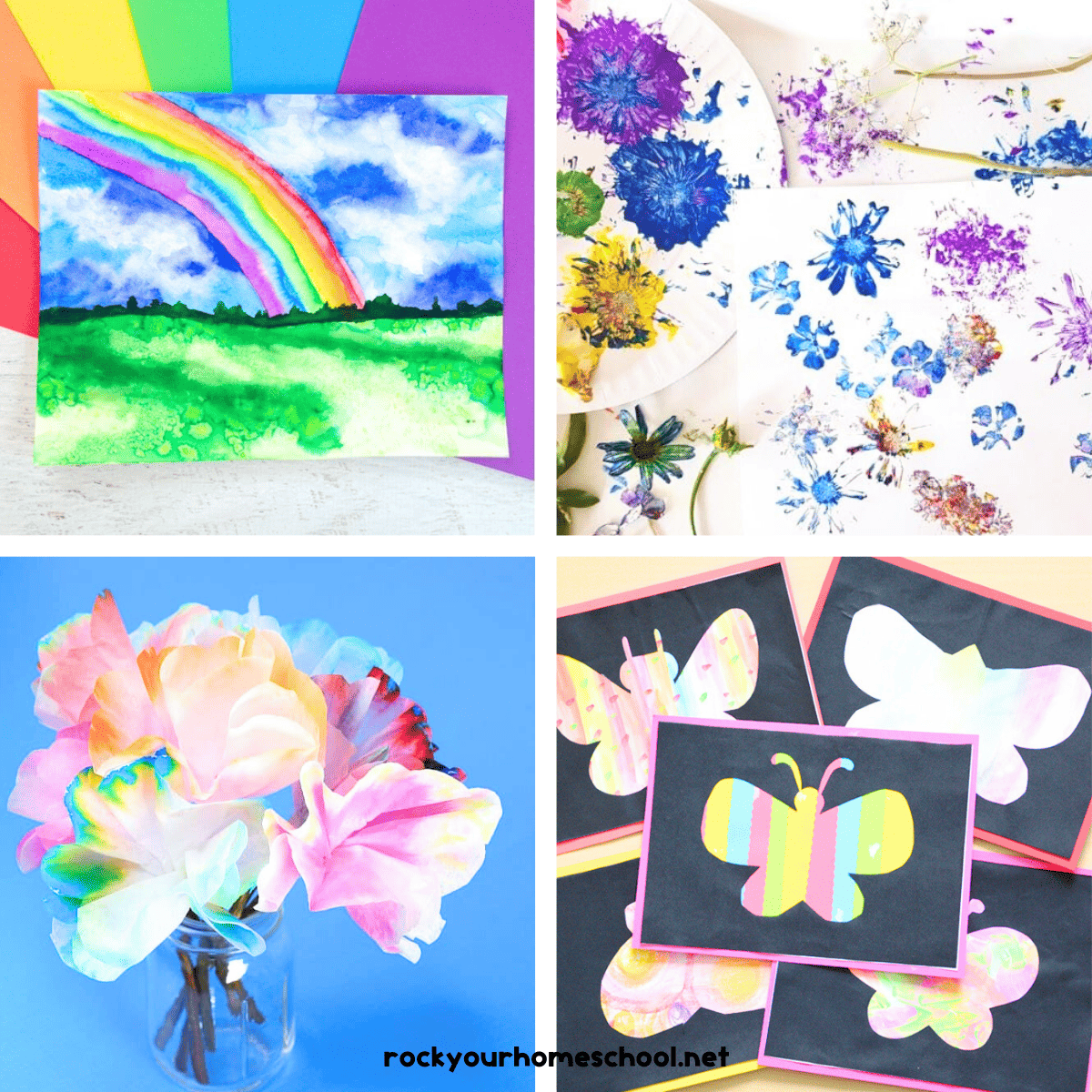 Four easy spring art ideas for kids with watercolor rainbow, flower painting, flower chromatography, and butterfly silhouettes.