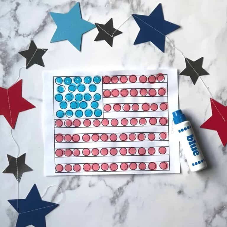 Example of American flag dot marker printable activity with blue marker.