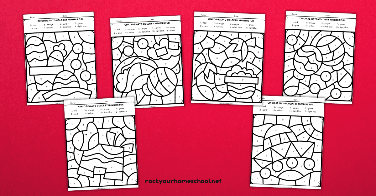 6 examples of free printable Cinco de Mayo color by number pages.