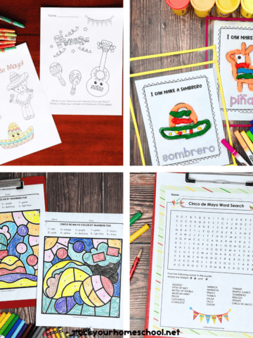 Four examples of Cinco de Mayo printables with tracing worksheets, playdough mats, color by number pages, and word search.