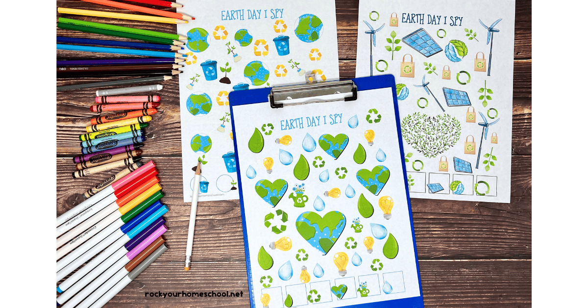 Three examples of Earth Day I Spy activities for kids with color pencils, crayons, and markers.