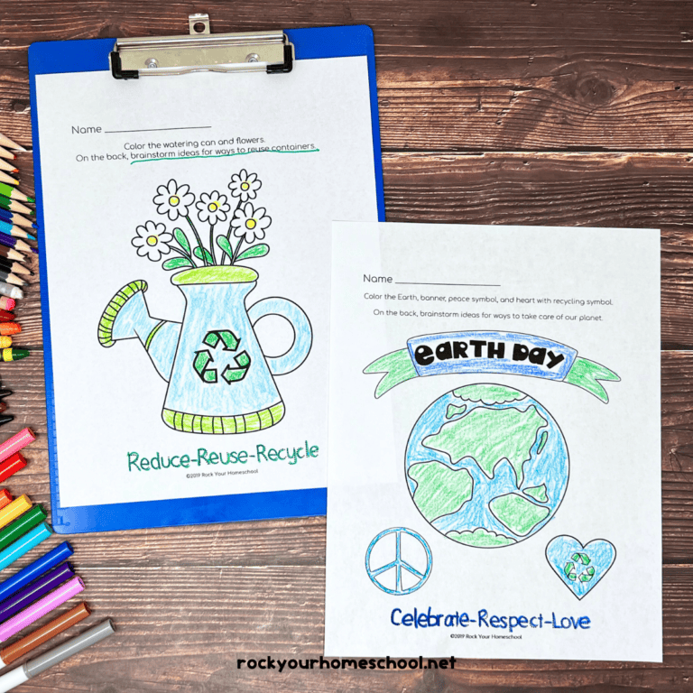 Two examples of Earth Day coloring pages.