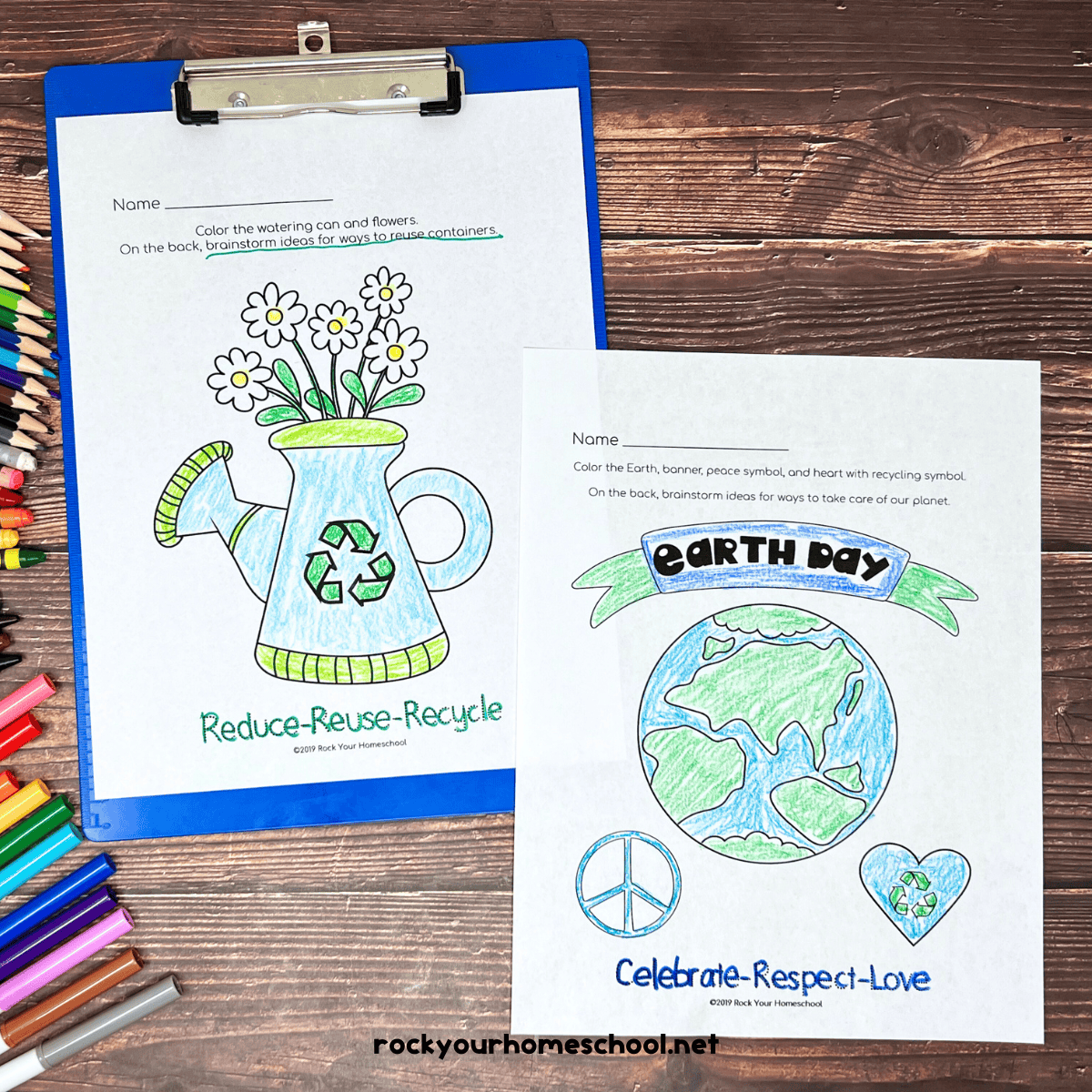 Two examples of Earth Day coloring pages.