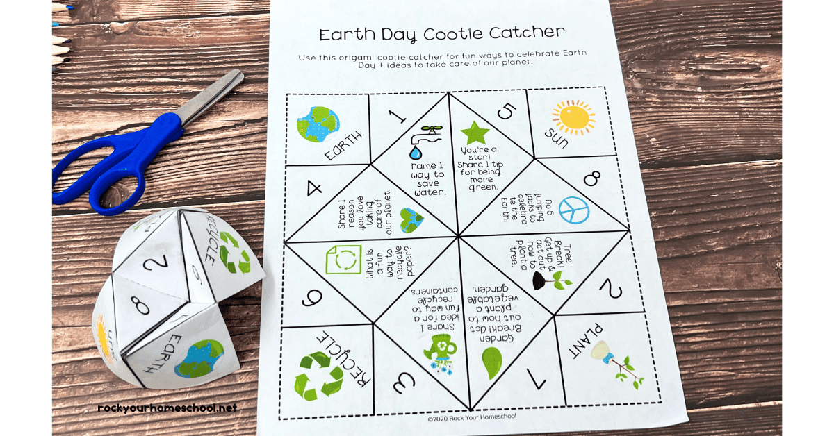Example of free printable Earth Day cootie catcher page and folded version with blue scissors.