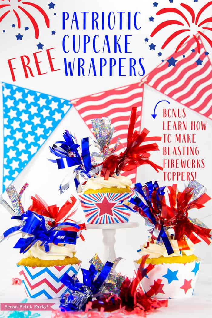 Examples of free printable patriotic printable cupcake wrappers with American flags.