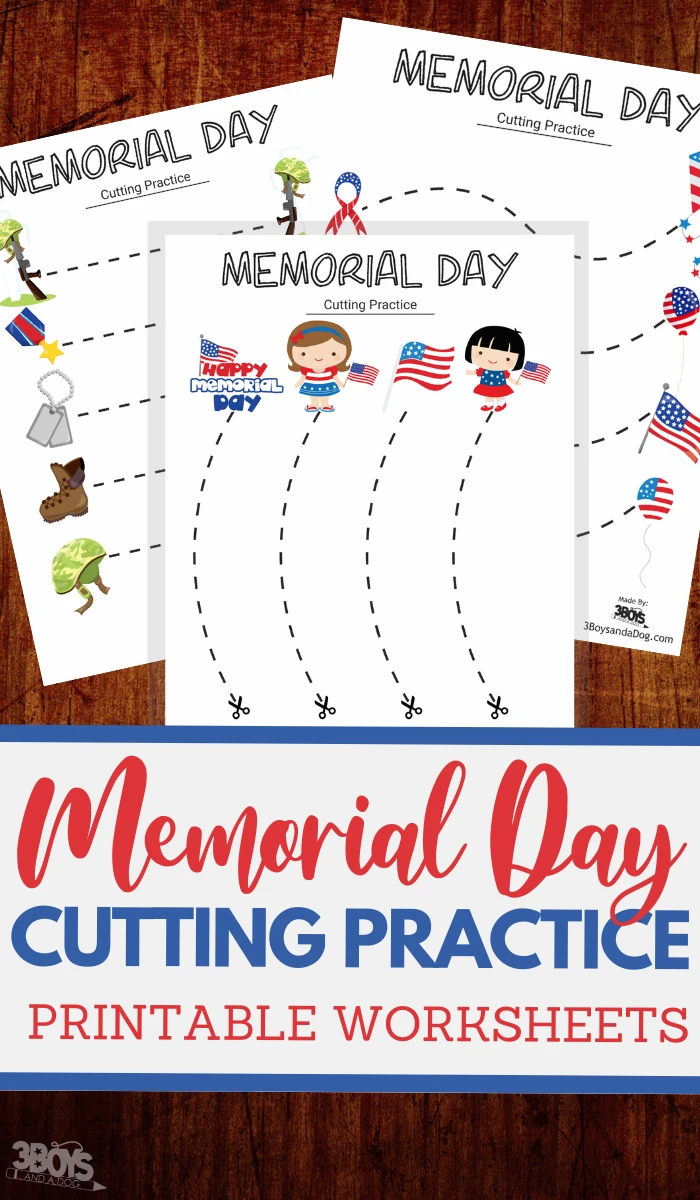 Three examples of Memorial Day cutting practice worksheets.
