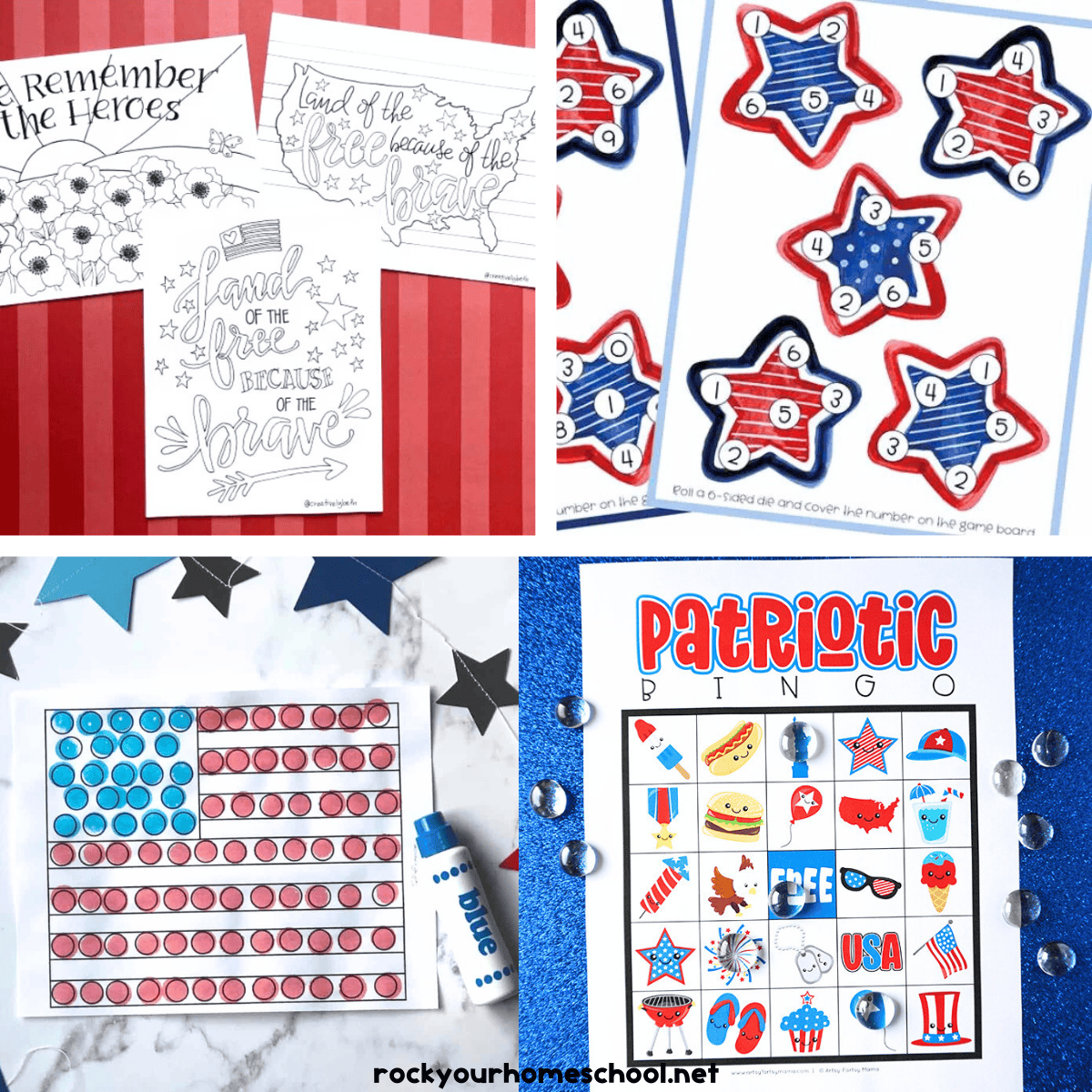 Four examples of free Memorial Day printables with coloring pages, star roll and cover game, dot marker American flag, and patriotic bingo.