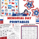 Four examples of free printable Memorial Day activities with patriotic bingo, roll and cover stars game, coloring pages, and word search.