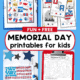 Four examples of free Memorial Day printables with patriotic bingo game, pom pom mats, dot markers American flag, and word search.