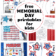 Six examples of free Memorial Day printables with pom pom mats, cutting worksheets, dot marker American flag, coloring pages, patriotic bingo game, stars roll and cover game.