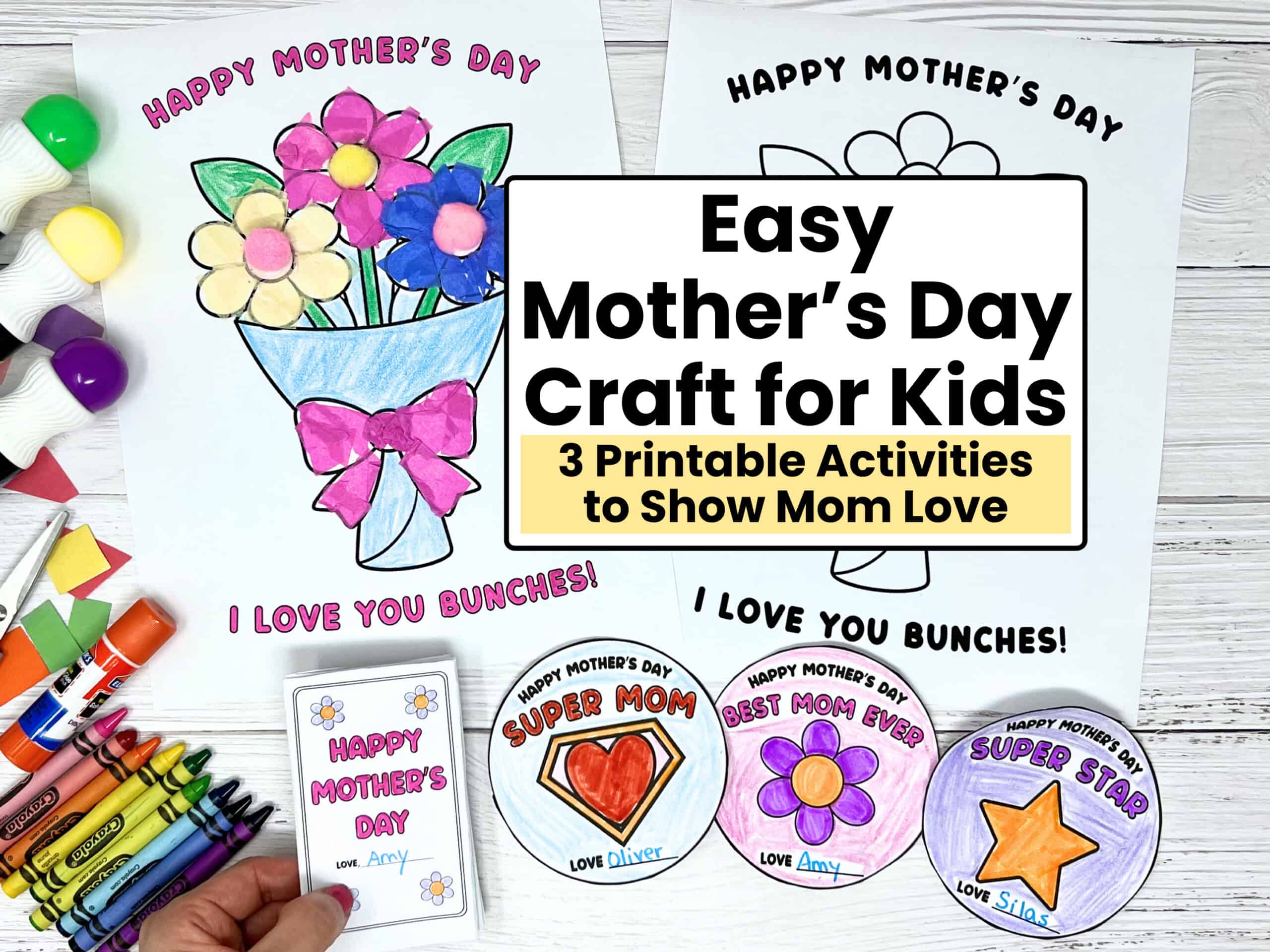 Woman holding printable Mother's Day mini coloring book for kids with badges of Super Mom, Best Mom Ever, and Super Star with Happy Mother's Day template.