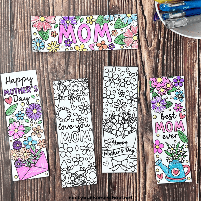 Five example of free printable Mother's Day bookmarks to color with glitter gel pens.