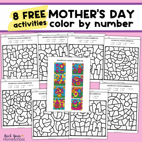 8 examples of Mother's Day color by number pages with answer key.
