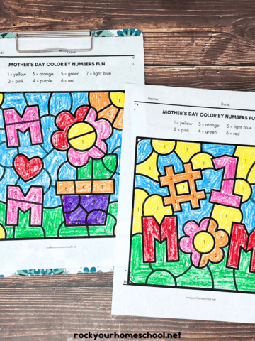 Two examples of Mother's Day color by number pages with MOM, heart, flower in pot, and #1 mom.