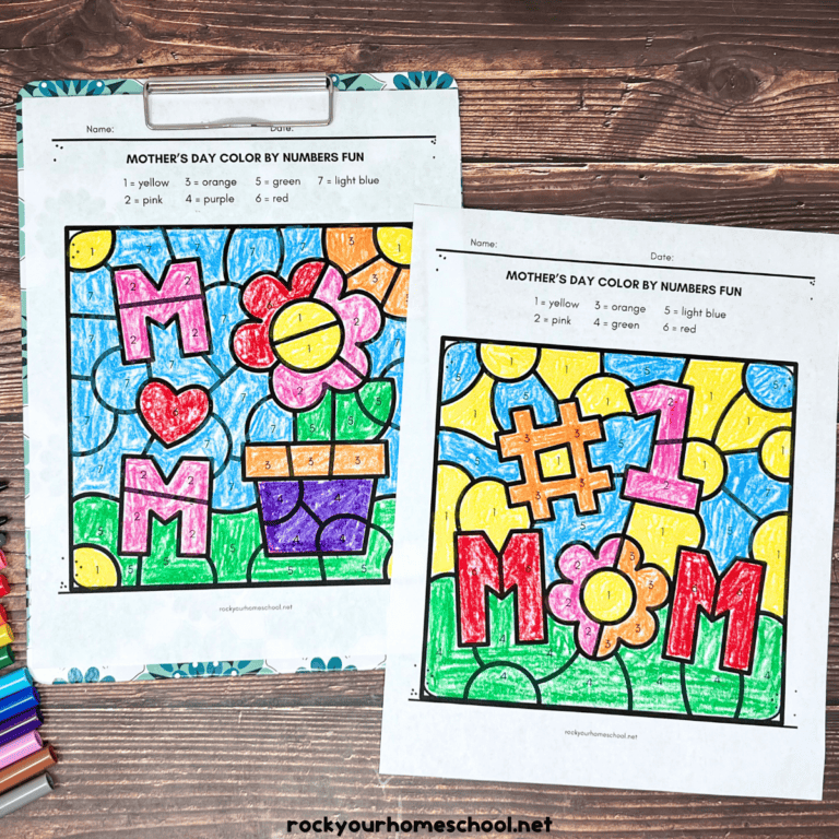 Two examples of Mother's Day color by number pages with MOM, heart, flower in pot, and #1 mom.