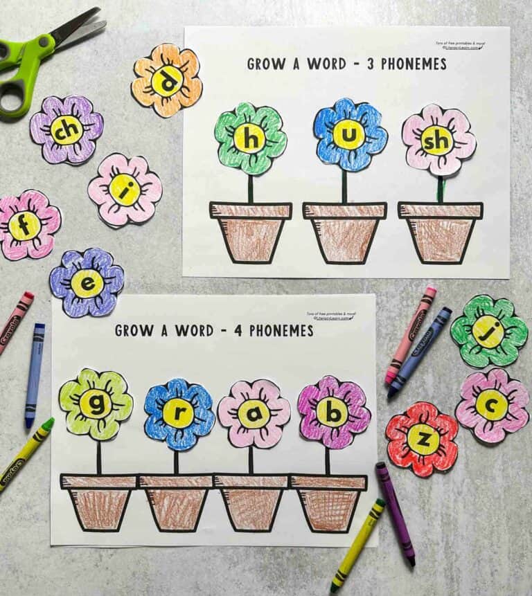 Two examples of free printable spring flowers word building activities with crayons.