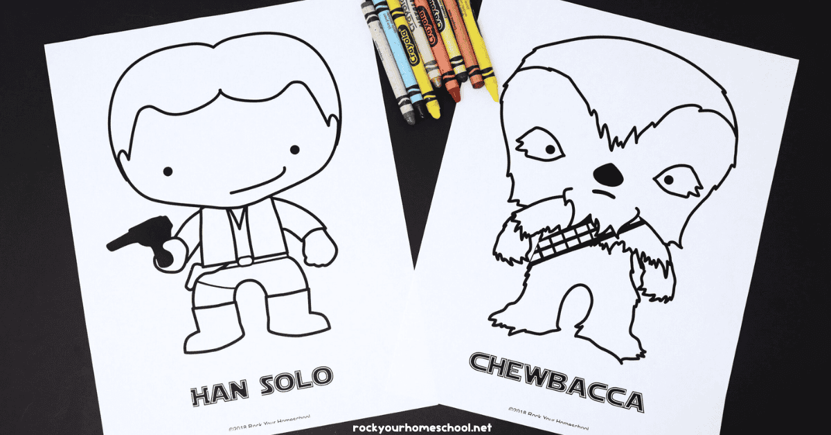 Two examples of free printable Star Wars coloring pages featuring Han Solo and Chewbacca.
