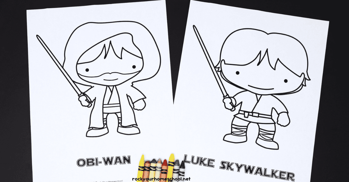 Examples of Star Wars coloring pages featuring Obi-Wan and Luke Skywalker.