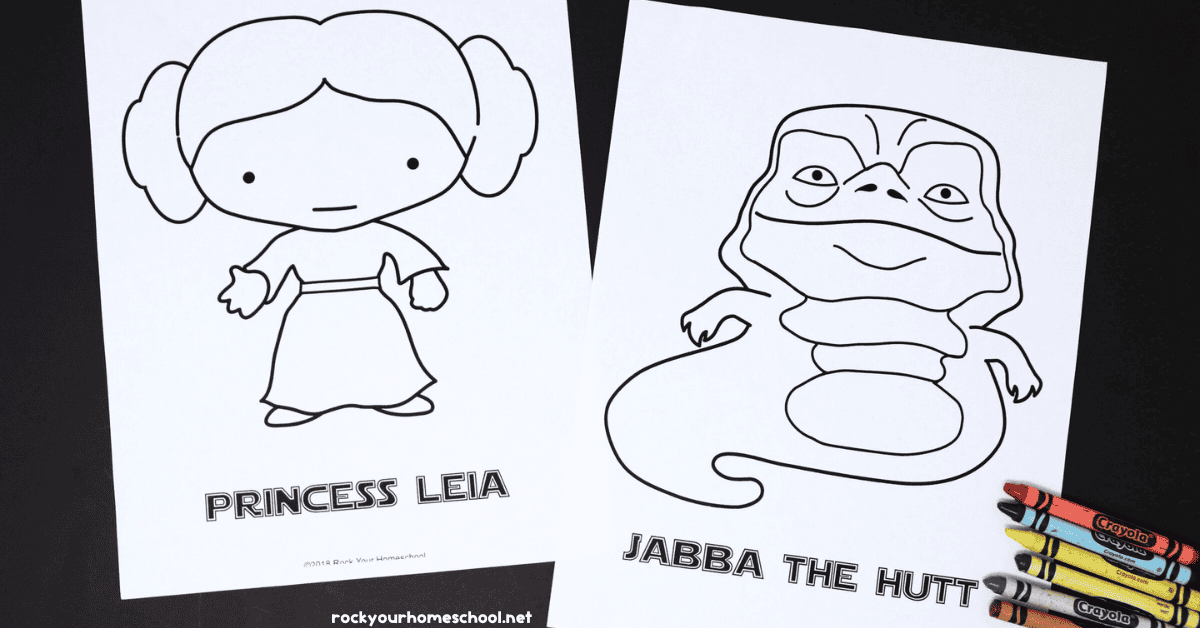 Two examples of free printable Star Wars coloring activities with Princess Leia and Jabba the Hutt.