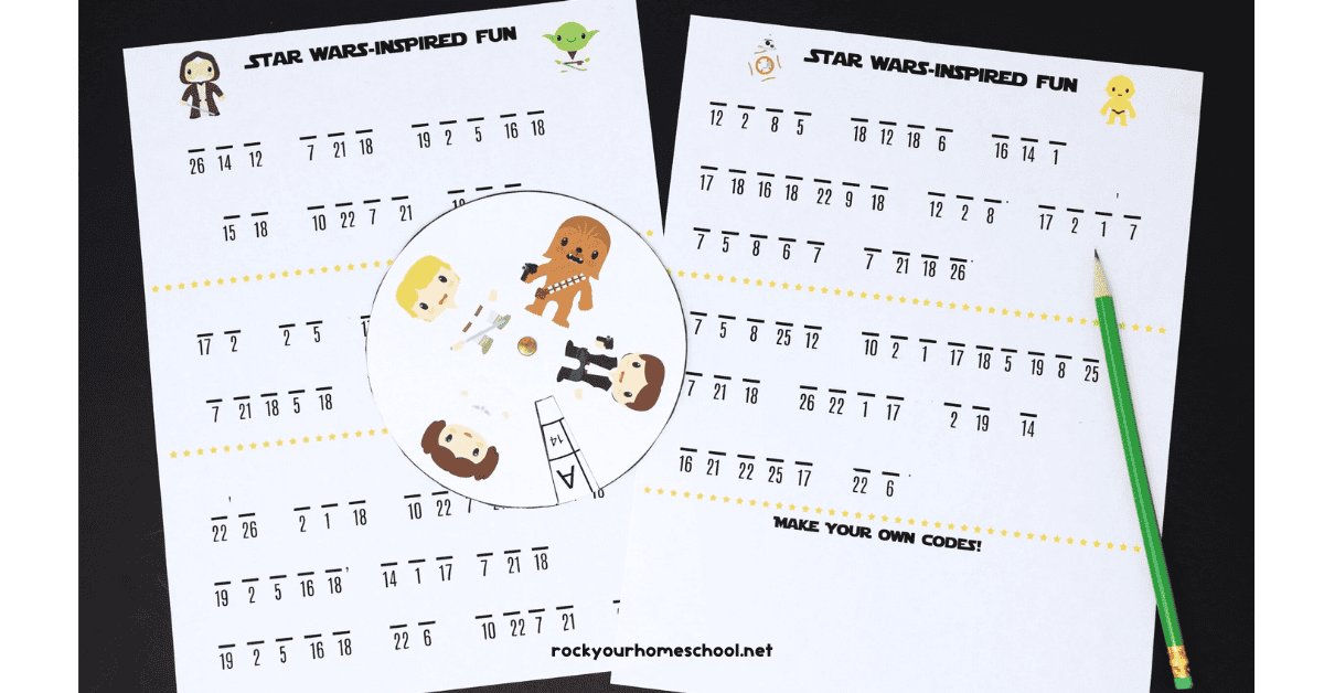 Two pages of Star Wars decoding activities with decoder wheel and green pencil.
