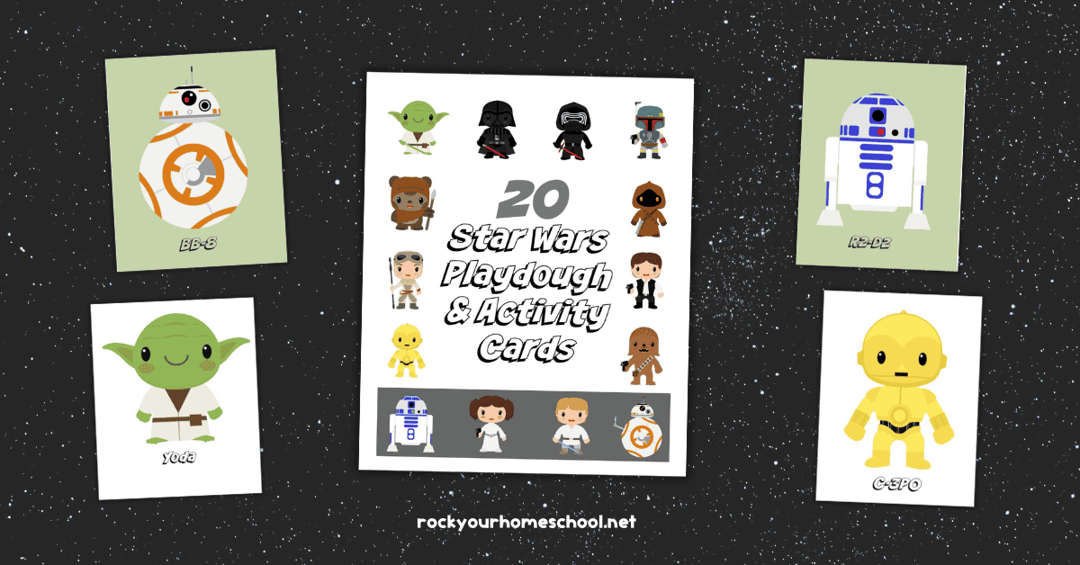 Examples of free printable Star Wars cards for playdough activities and more featuring BB-8, Yoda, R2-D2, and C-3PO.