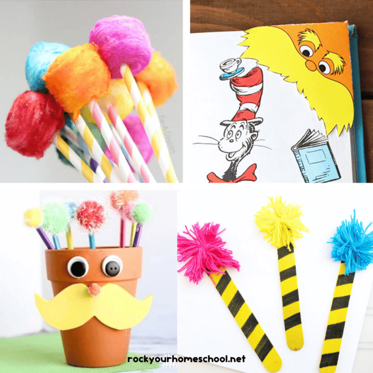 Four examples of The Lorax crafts for kids like Truffula Trees straws, The Lorax corner bookmark, pencil holder, and more.