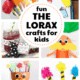 Six examples of Lorax crafts for kids with Truffula Trees, corner bookmark, Truffula seeds, and more.