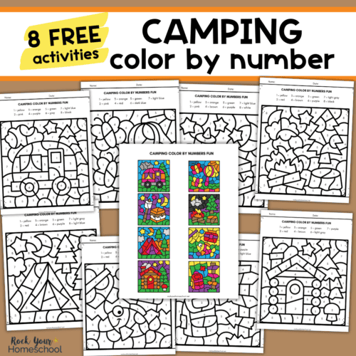 Eight free printable pages of camping color by number activities with color answer key.