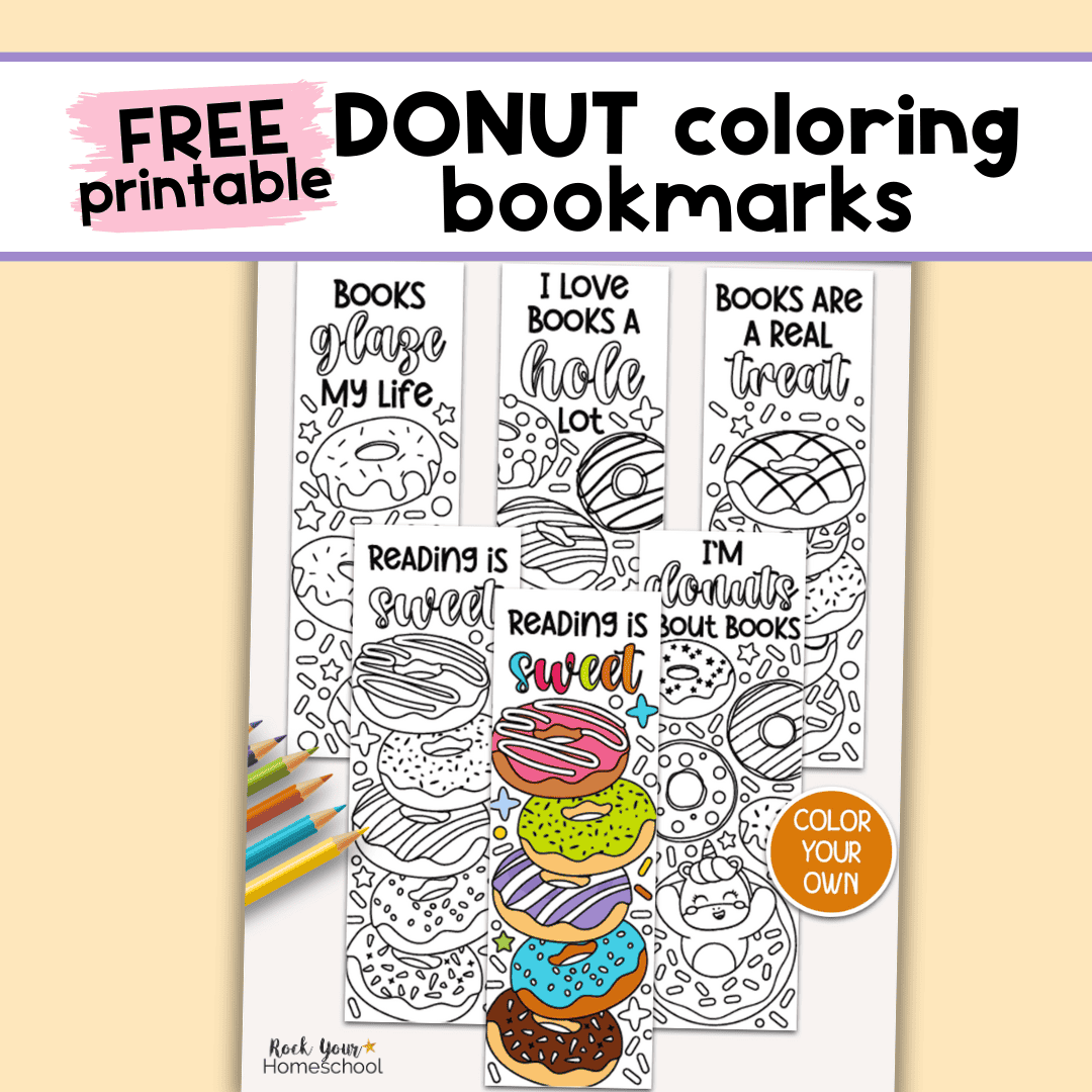 Examples of free printable donut bookmarks to color with color pencils.