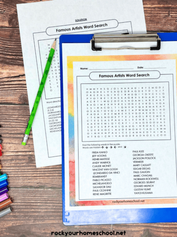 Example of free printable famous artists word search on blue clipboard with answer key and green pencil.