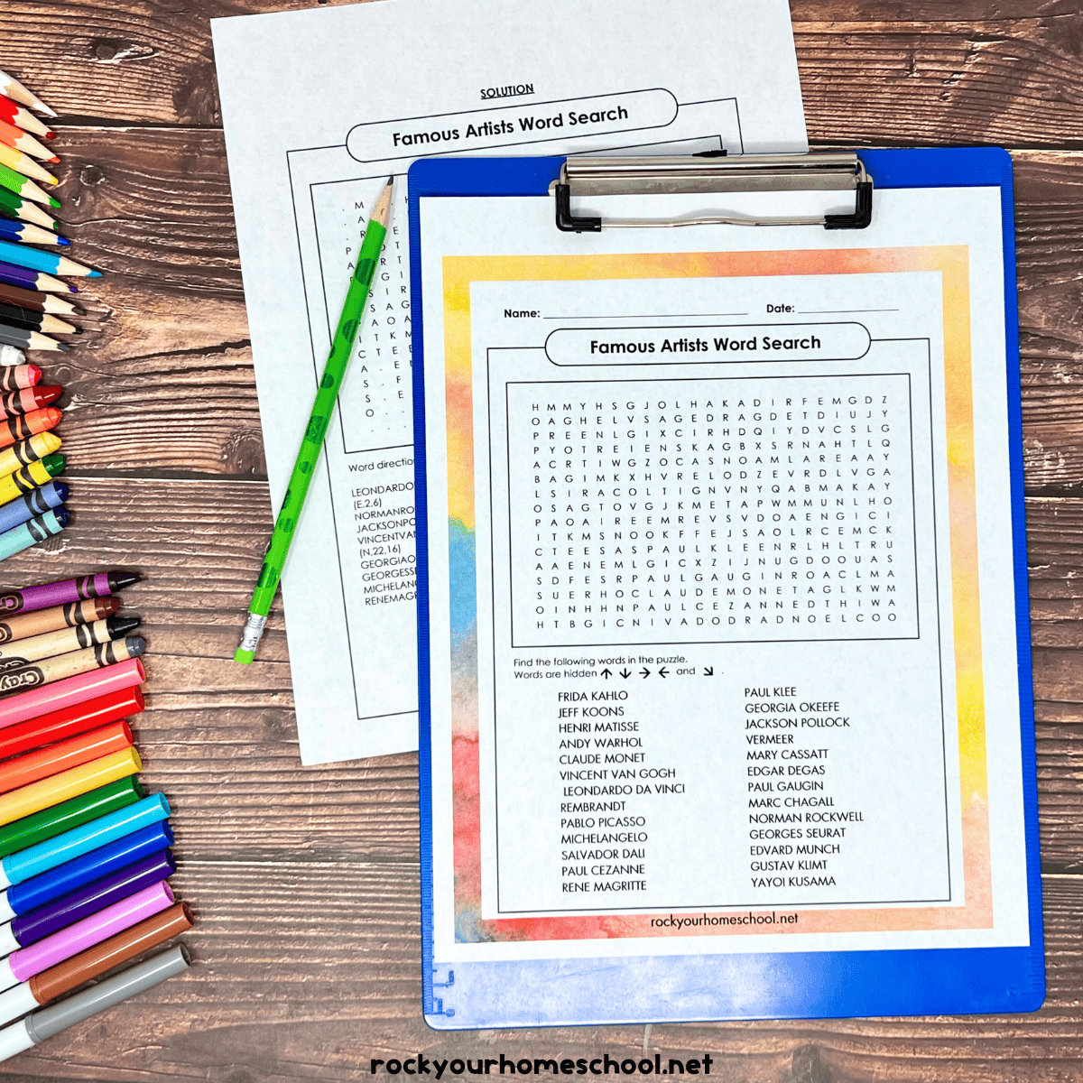 Example of free printable famous artists word search on blue clipboard with answer key and green pencil.