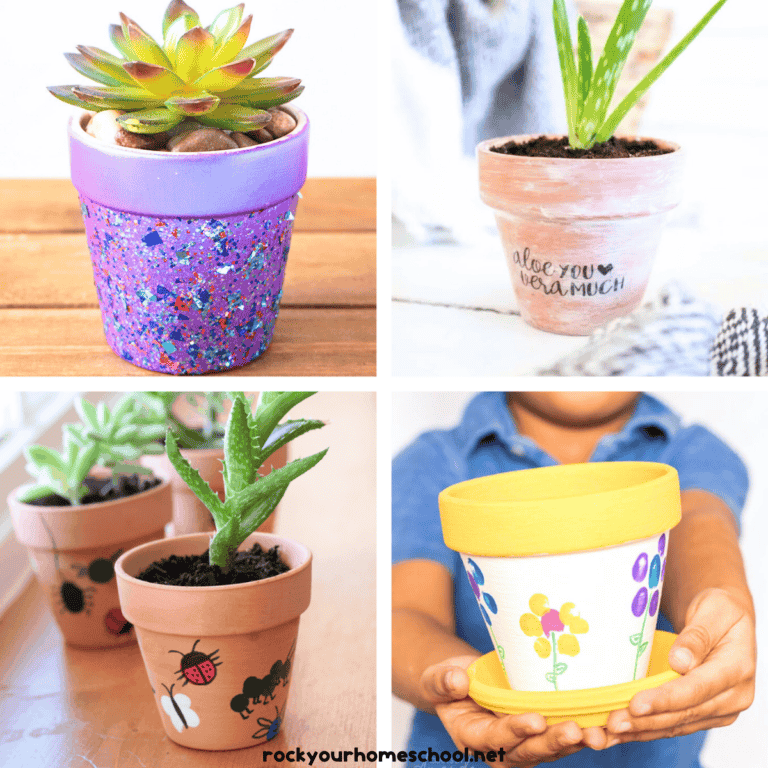Four examples of flower pot painting ideas for kids.
