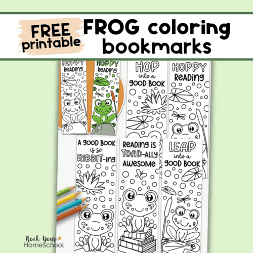 Examples of five printable frog bookmarks to color.