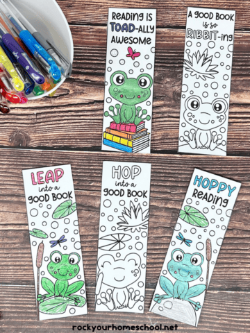 Examples of five free printable frog bookmarks to color with glitter gel pens and markers.