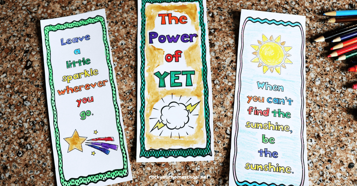 Three colorful examples of growth mindset bookmarks to color with color pencils.