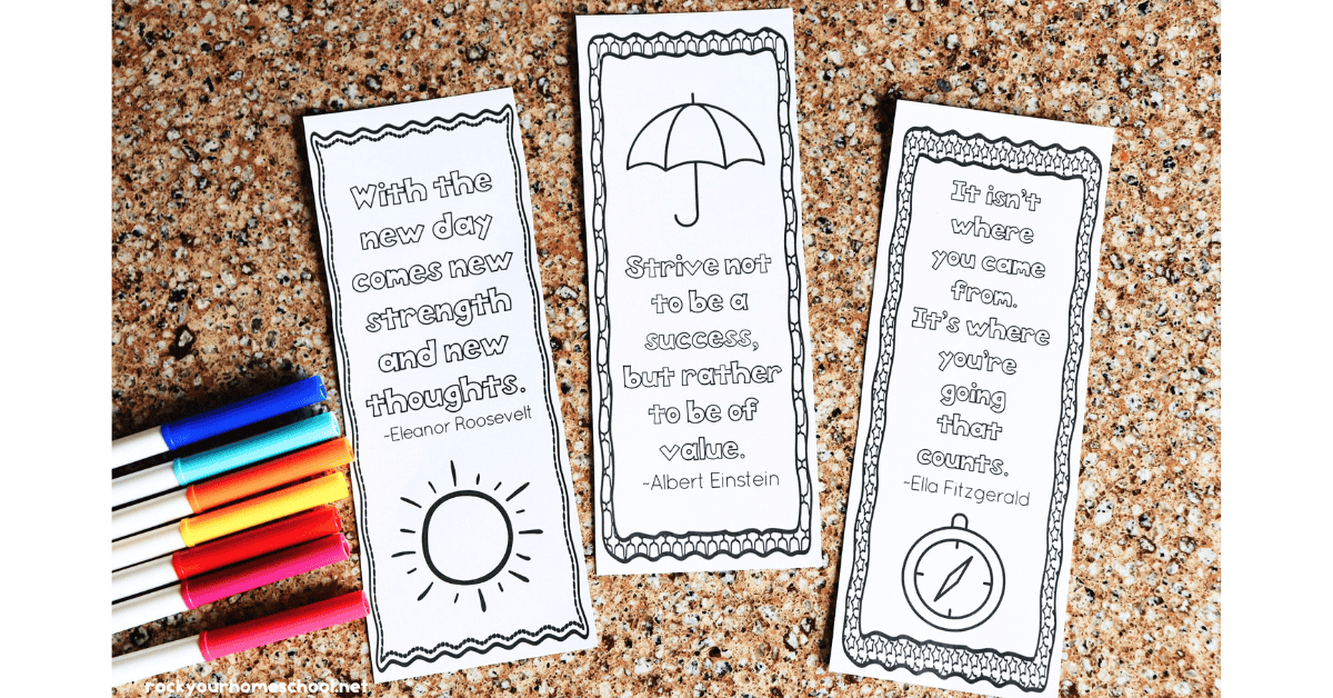 Three examples of free printable growth mindset bookmarks to color with markers.
